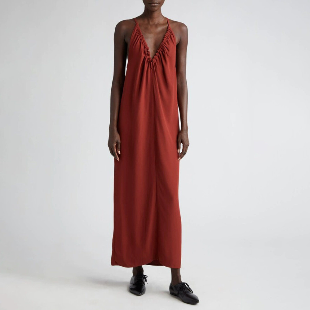ZARA Minimalist Loose Long Terracotta Pleated Slip Dress - Picture 2 of 5